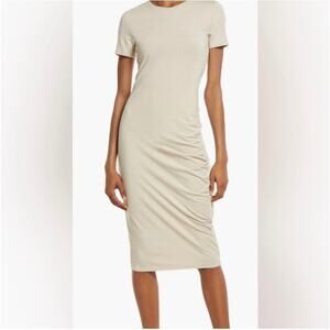 Minimalist Treasure & Bond Side Ruched T-Shirt Midi Dress - Beige Oatmeal Medium